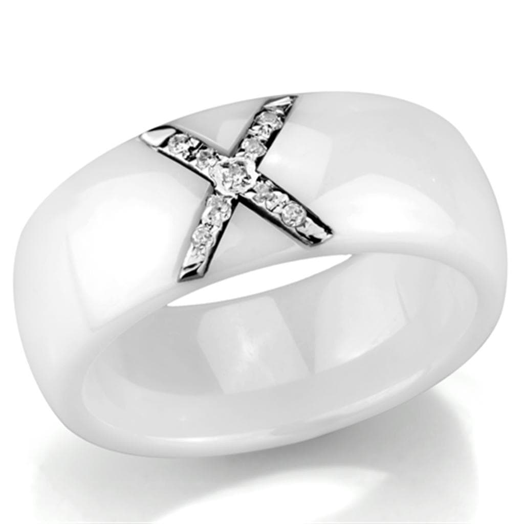 Stainless Steel White Ceramic CZ Cross Dome Ring
