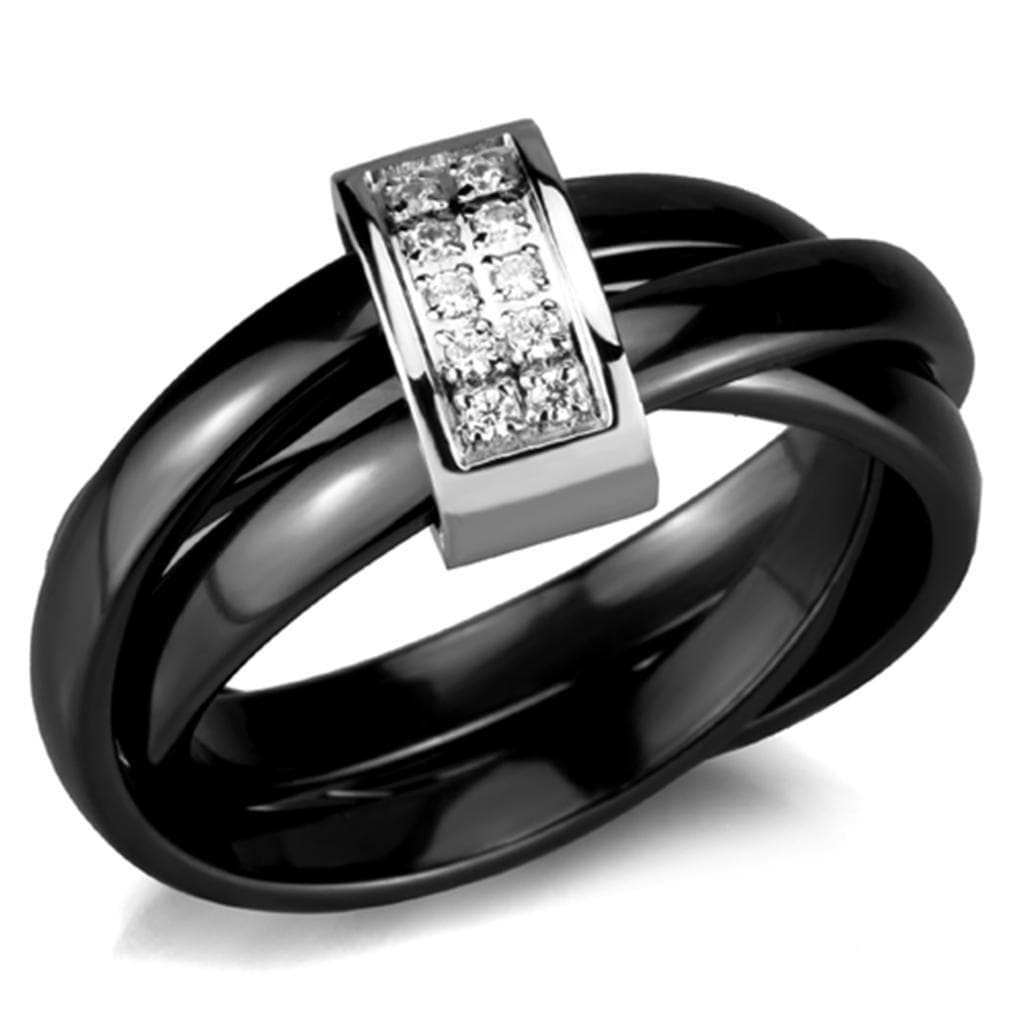 Stainless Steel Black Ceramic CZ Bar Ring