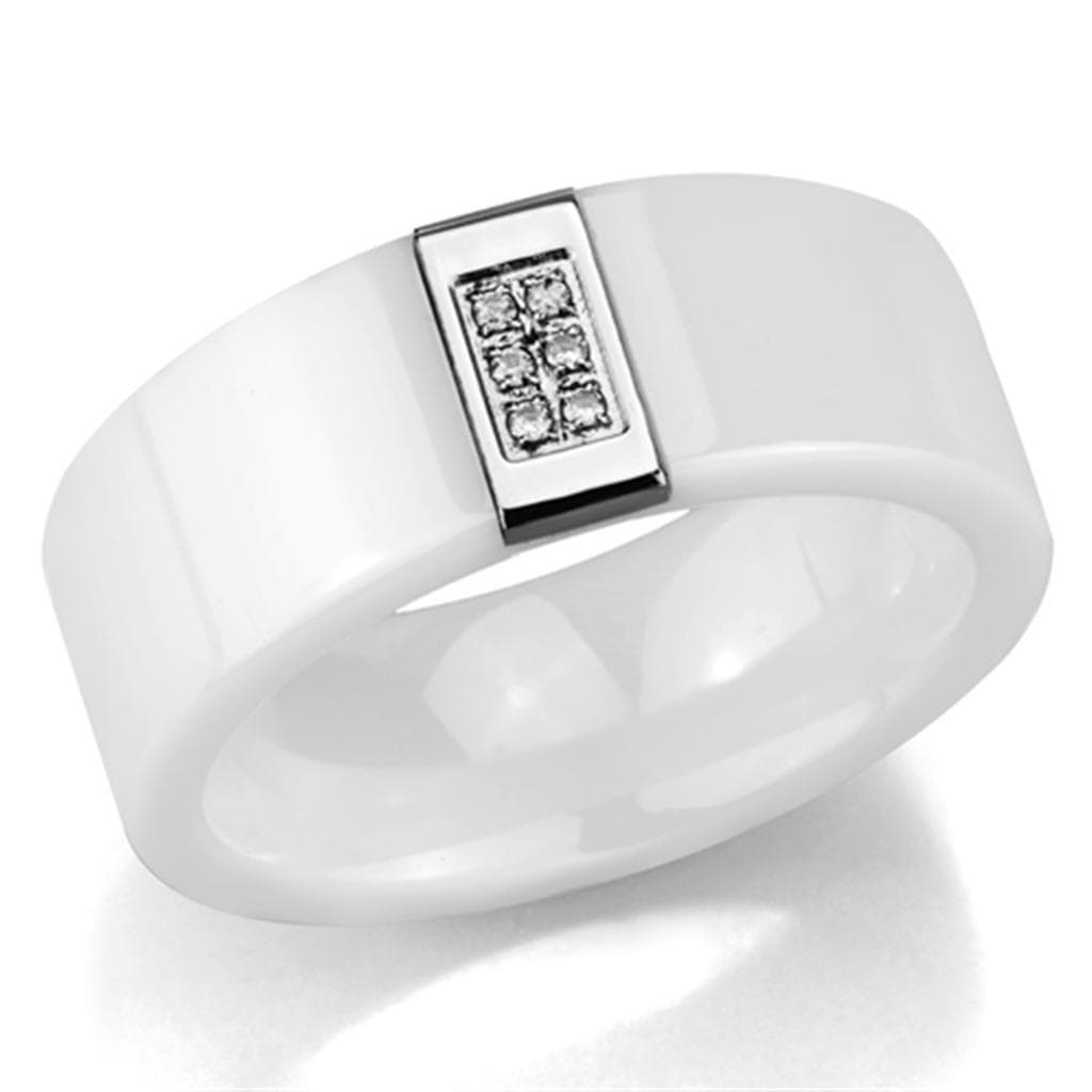 Stainless Steel White Ceramic CZ Rectangle Ring