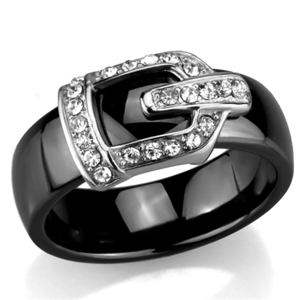 Stainless Steel Black Ceramic CZ Buckle Ring
