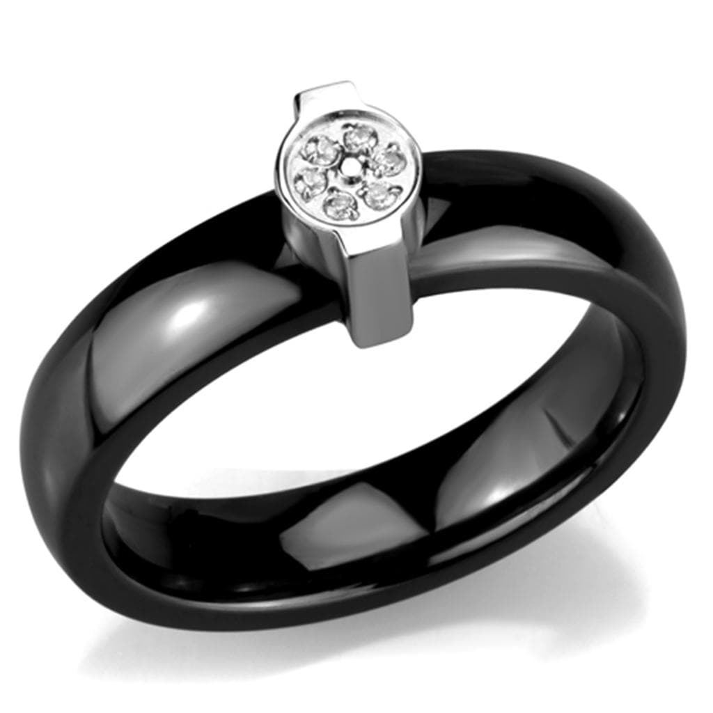 Stainless Steel Black Ceramic CZ Bezel Ring