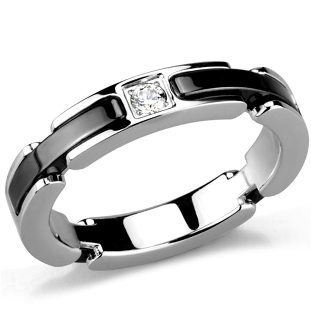 Stainless Steel Black Ceramic CZ Link Band Ring
