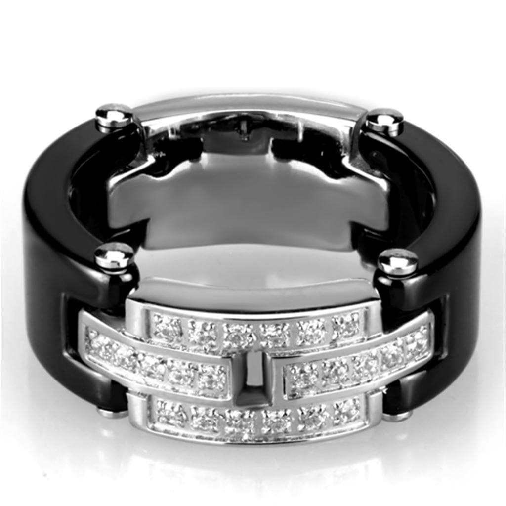 Stainless Steel Black Ceramic CZ Stripe Ring