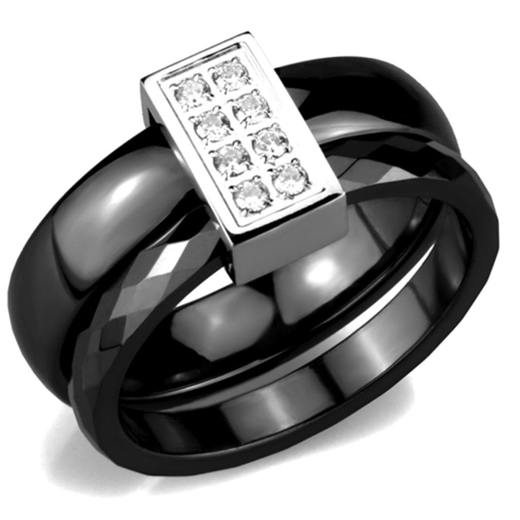 Stainless Steel Black Ceramic CZ Triple Band Ring