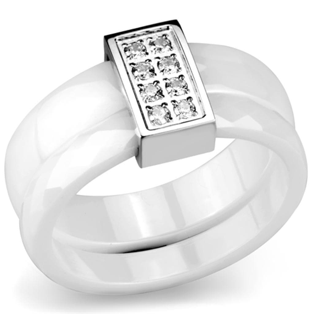 Stainless Steel White Ceramic CZ Grid Ring
