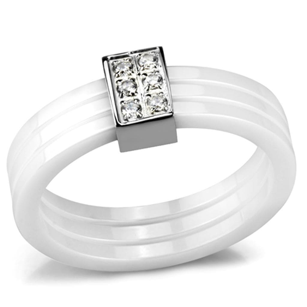 Stainless Steel White Ceramic CZ Band Ring