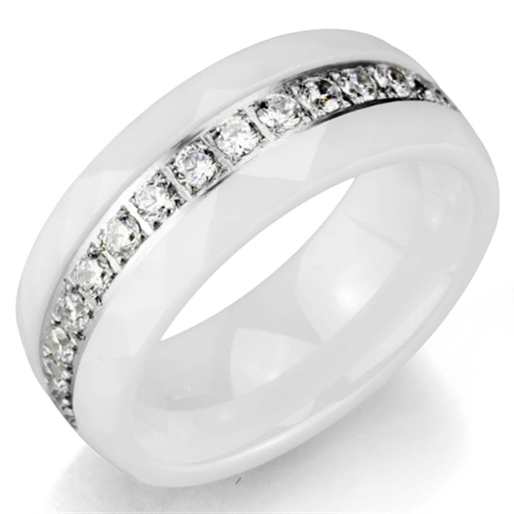 Stainless Steel White Ceramic CZ Slim Ring