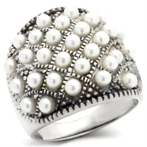 Sterling Silver Pearl Marcasite Grid Wide Dome Ring