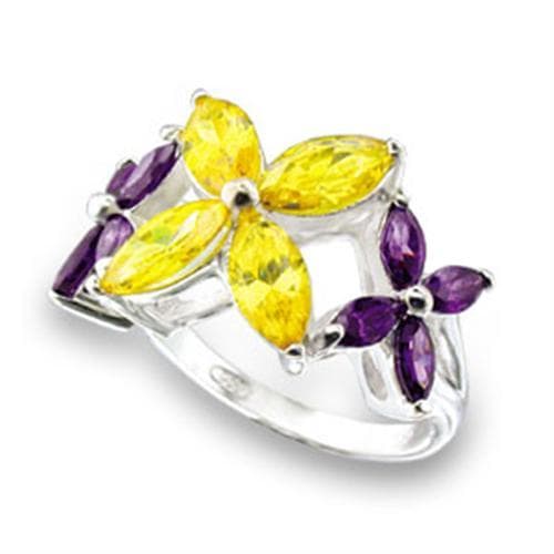 Sterling Silver Yellow Purple CZ Marquise Flower Cocktail Ring