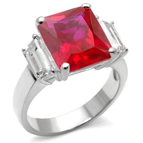 Sterling Silver Red CZ Princess Cut Baguette Three Stone Ring
