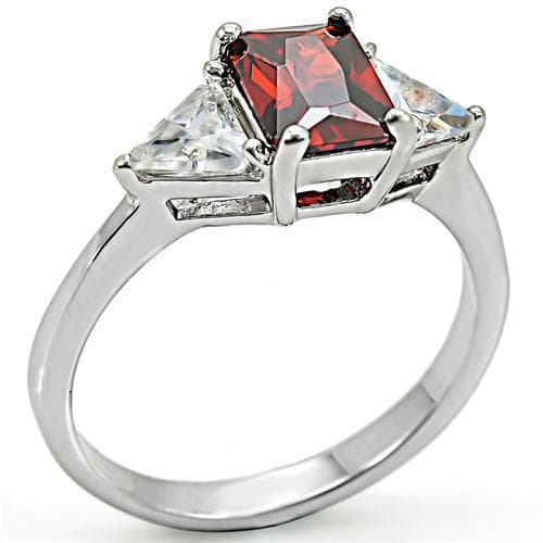 Sterling Silver Red Garnet CZ Emerald Cut Three Stone Ring