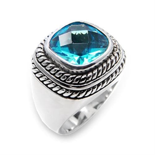 Sterling Silver Blue Topaz CZ Cushion Rope Bezel Ring