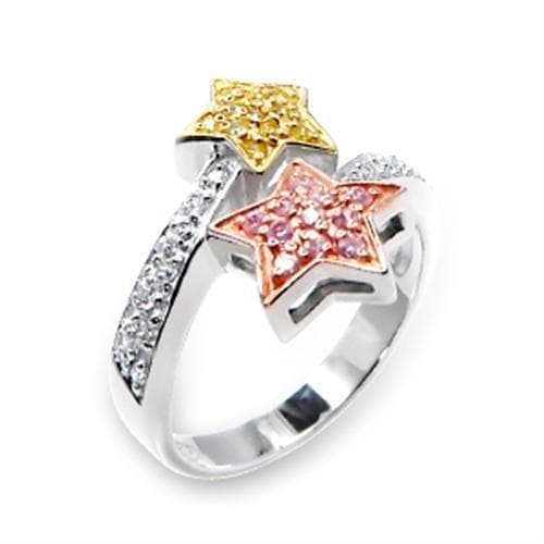 Sterling Silver Pink CZ Star Gold Accent Pave Band Ring
