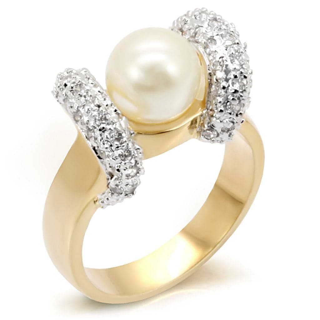 Brass Gold Pearl CZ Pave Bow Cocktail Ring