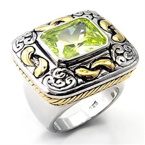 Sterling Silver Green CZ Emerald Cut Two Tone Scroll Ring