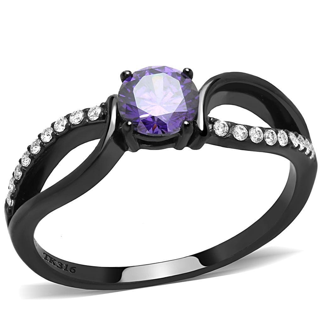 Stainless Steel Black IP Purple CZ Round Pave Bypass Ring