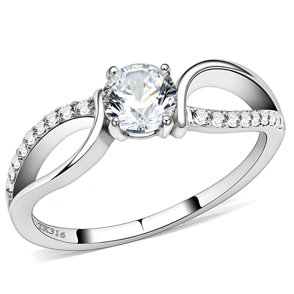 Stainless Steel CZ Round Pave Twist Bypass Solitaire Ring