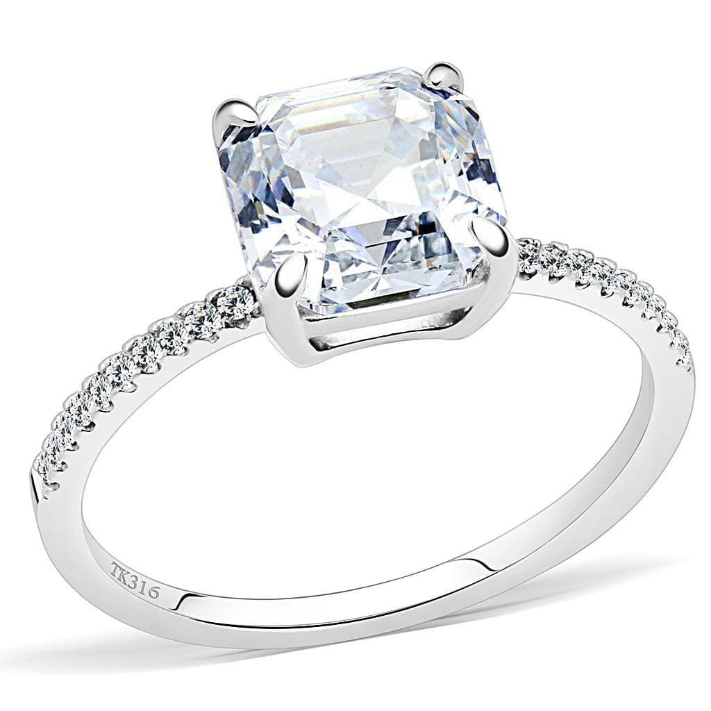 Stainless Steel CZ Asscher Cut Prong Pave Solitaire Ring