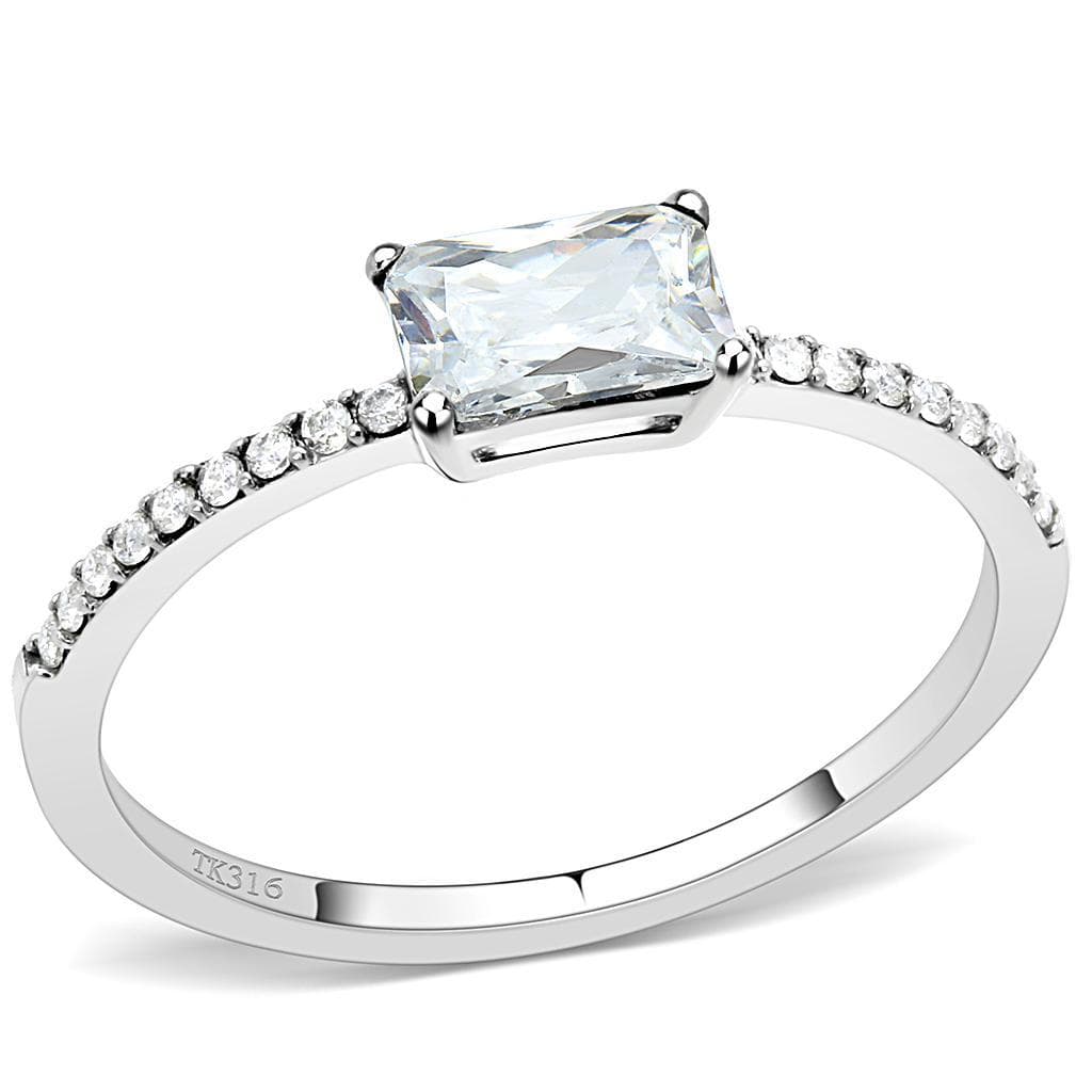 Stainless Steel CZ Emerald Cut Prong Pave Solitaire Ring