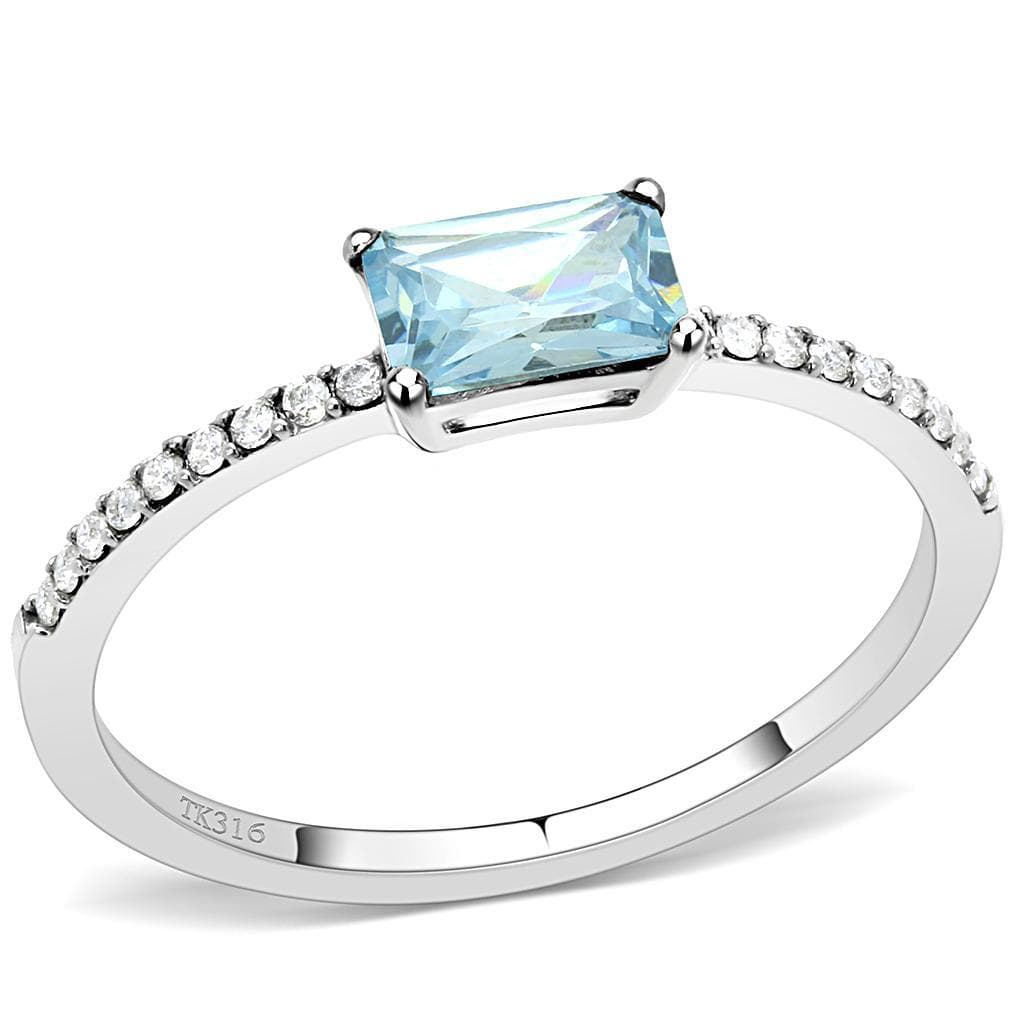 Stainless Steel Aqua CZ Emerald Cut Pave Solitaire Ring
