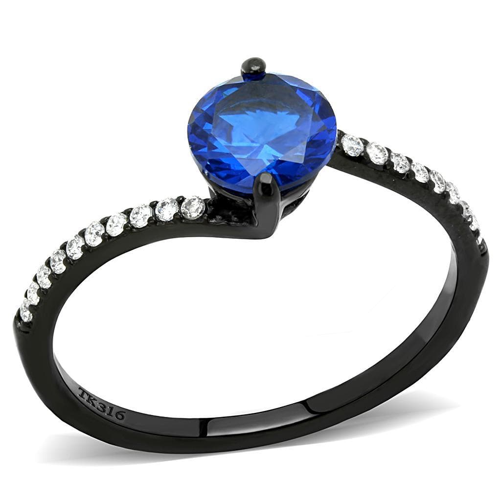 Stainless Steel Black IP Blue Sapphire CZ Round Pave Ring