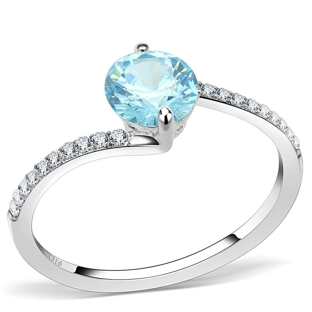 Stainless Steel Aqua CZ Round Prong Pave Bypass Ring