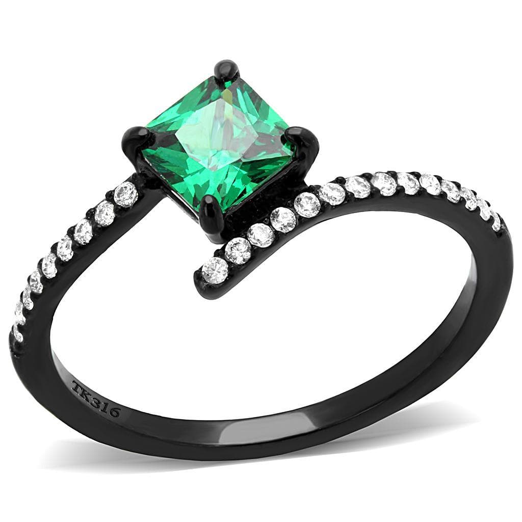 Stainless Steel Black IP Green CZ Princess Cut Pave Ring