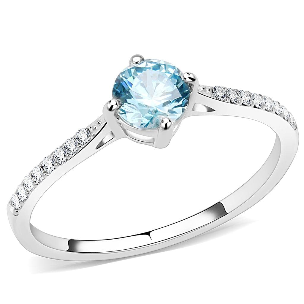 Stainless Steel Aqua CZ Round Pave Solitaire Ring