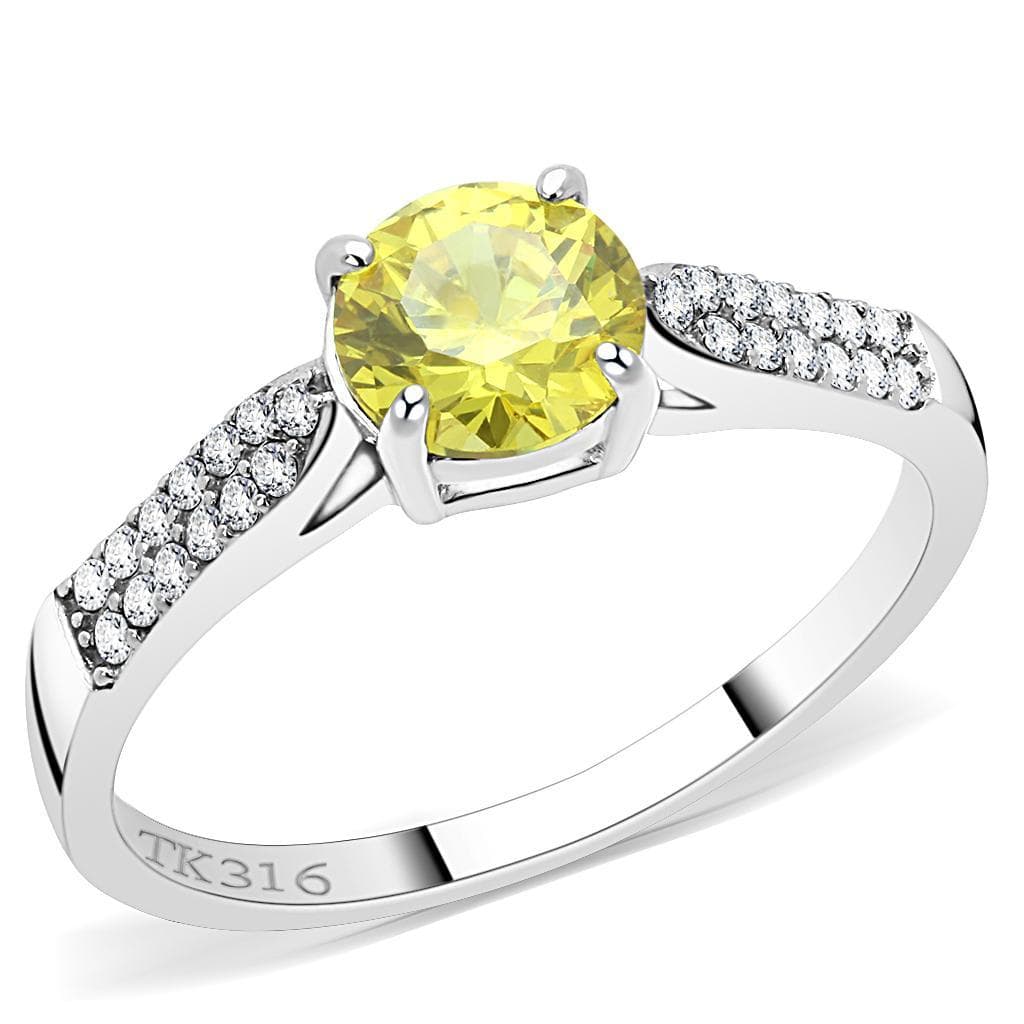 Stainless Steel Yellow CZ Round Prong Cathedral Pave Ring