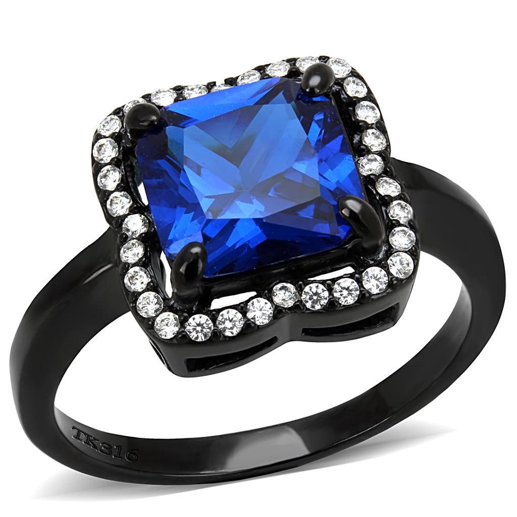 Stainless Steel Black IP Blue CZ Princess Halo Pave Ring