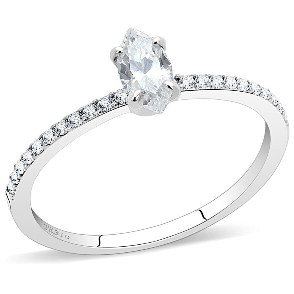 Stainless Steel CZ Marquise Prong Pave Thin Solitaire Ring