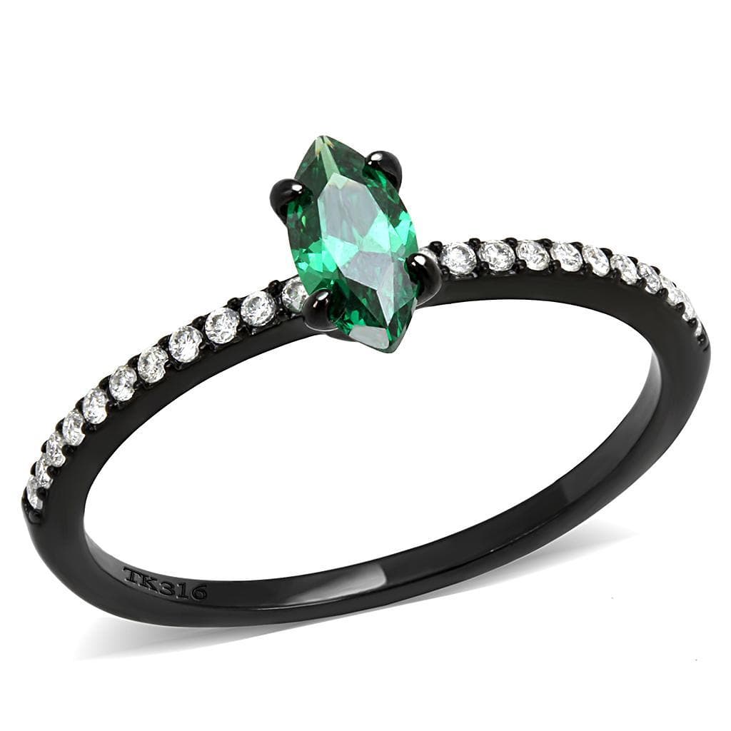 Stainless Steel Black IP Green CZ Marquise Prong Pave Ring