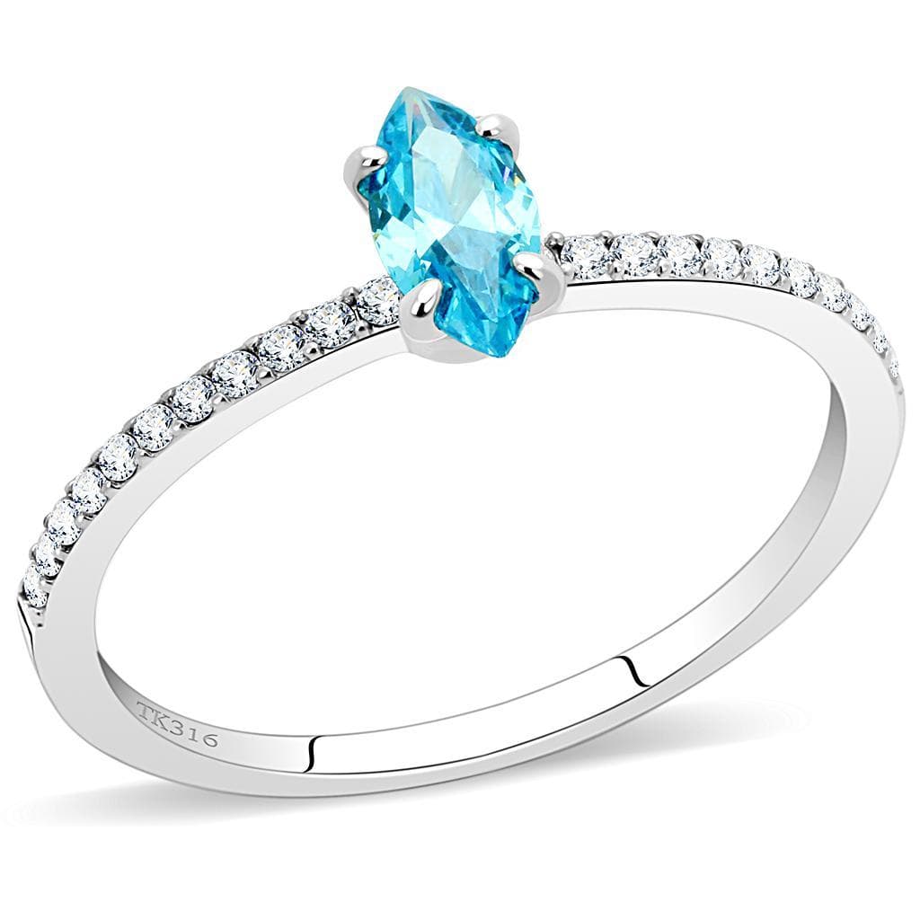 Stainless Steel Aqua CZ Pear Prong Pave Thin Ring