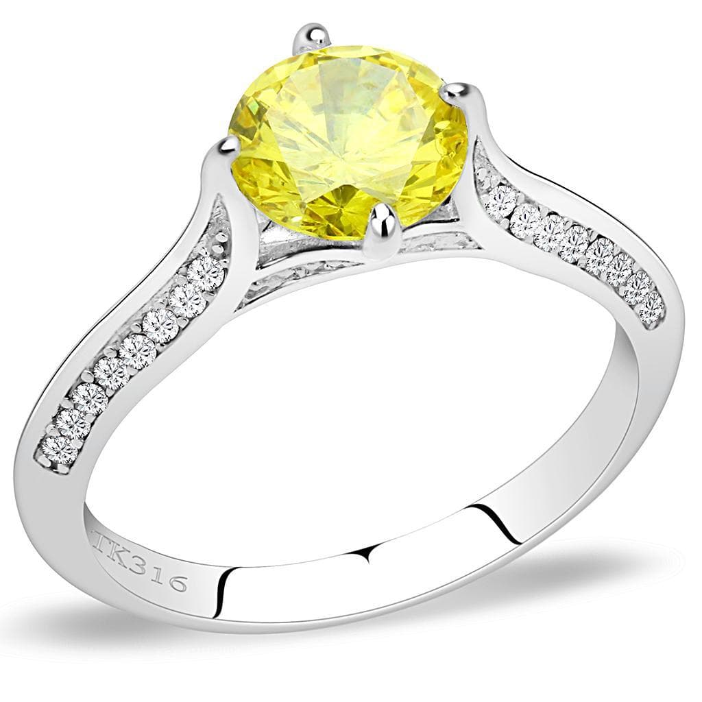 Stainless Steel Yellow CZ Round Cathedral Pave Solitaire Ring