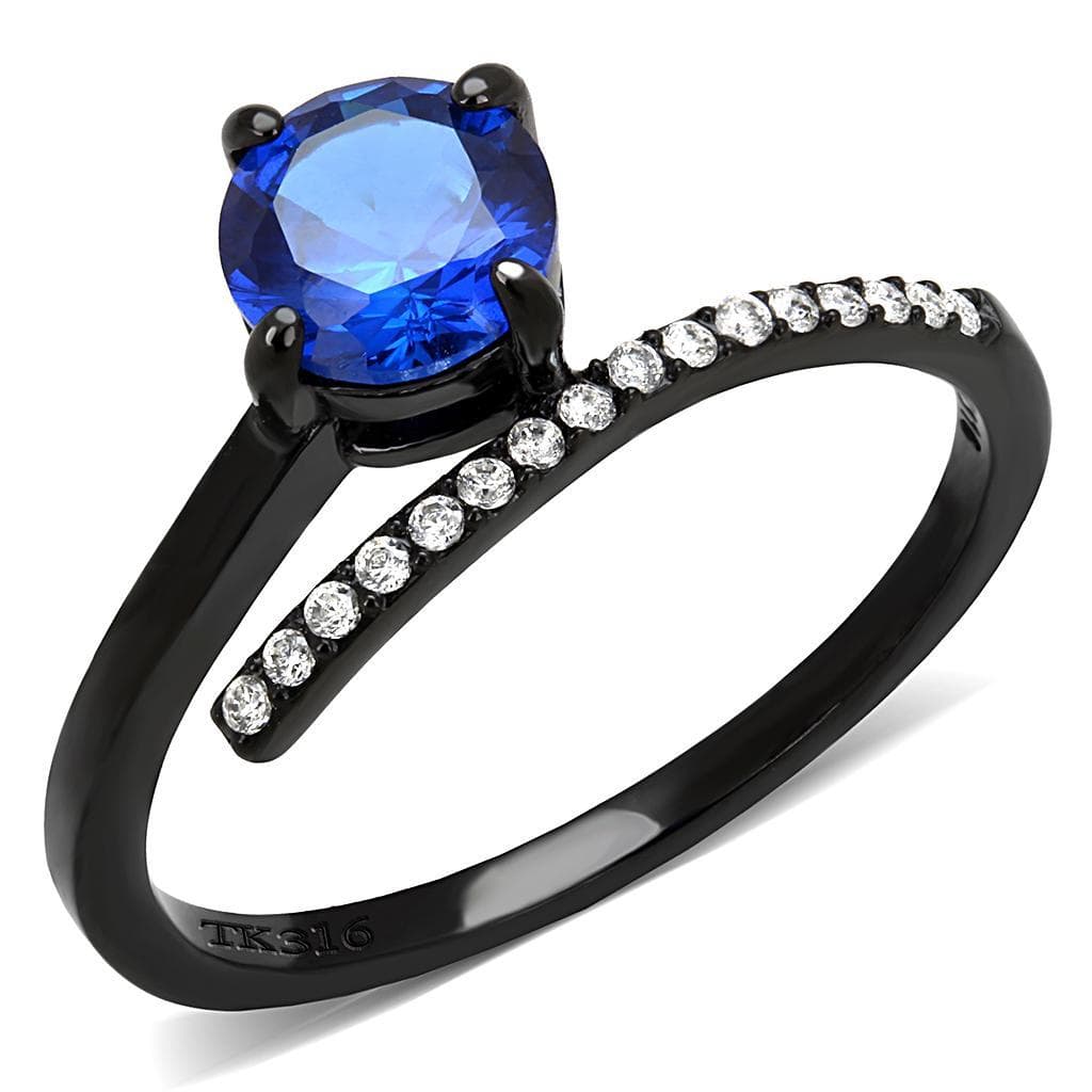 Stainless Steel Black IP Blue CZ Round Pave Solitaire Ring