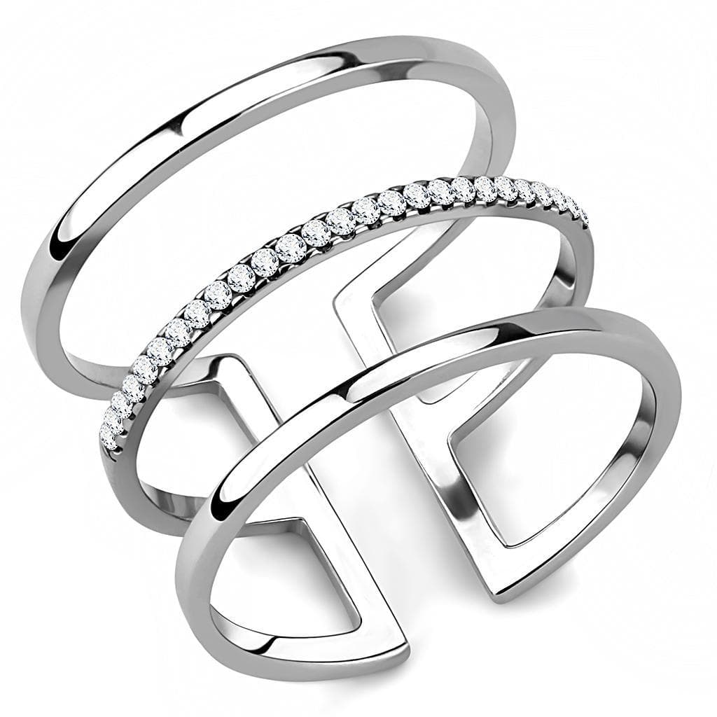 Stainless Steel CZ Pave Double Bar Open Cuff Ring