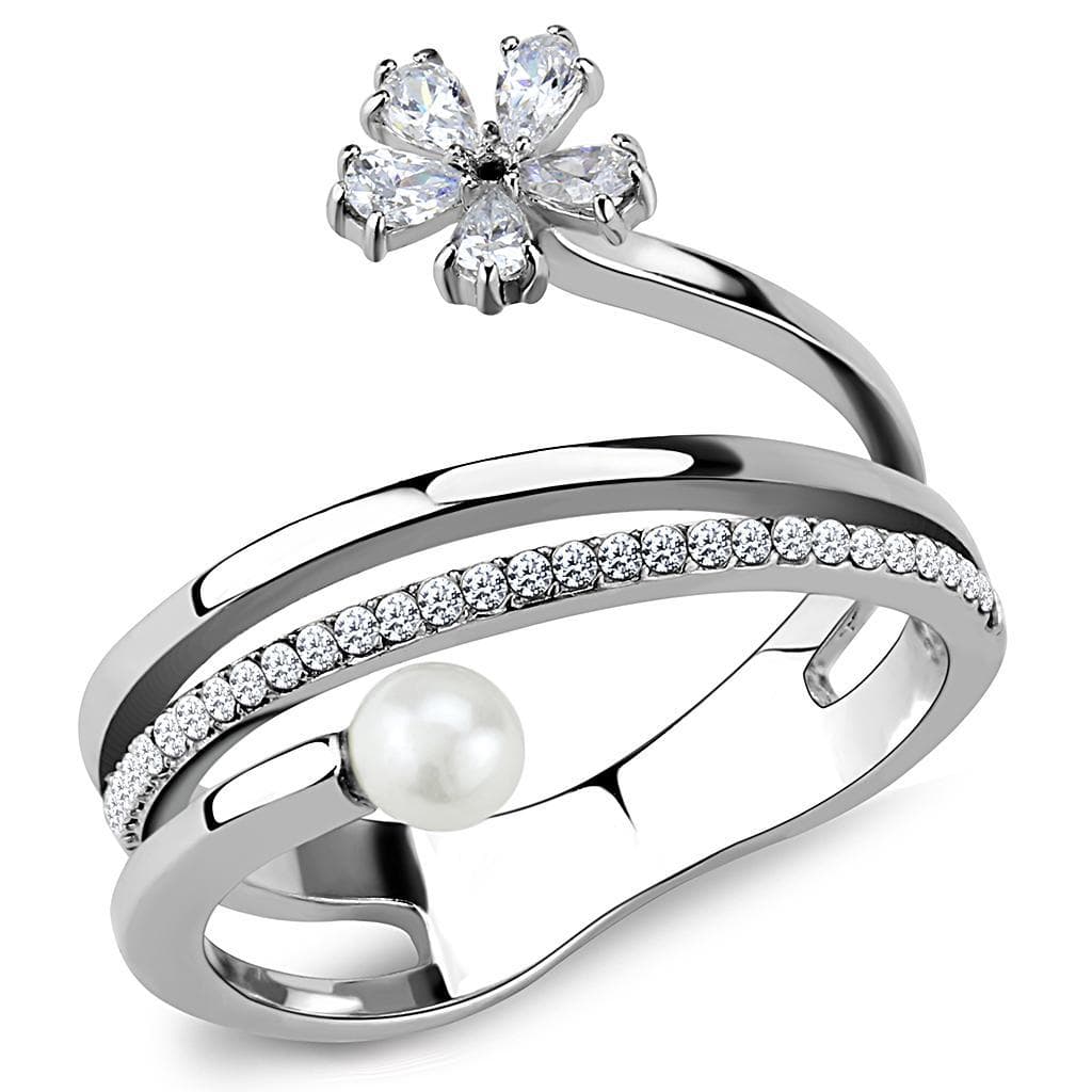 Stainless Steel Pearl CZ Flower Open Wrap Ring