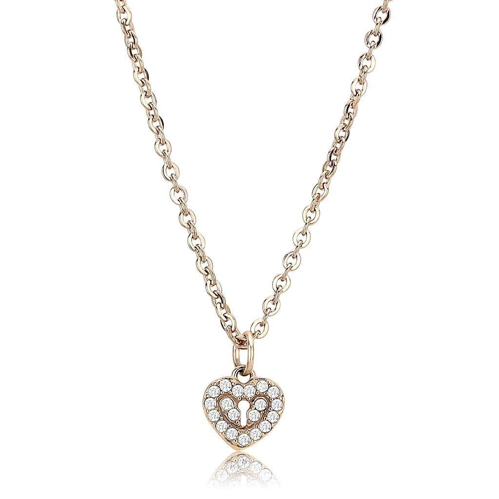Stainless Steel Rose Gold CZ Pave Heart Pendant Chain Pendant