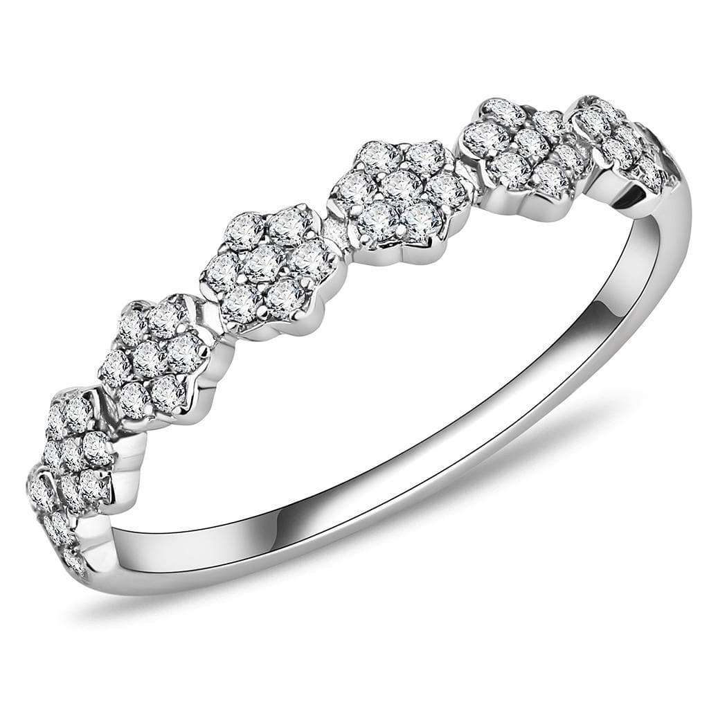 Stainless Steel CZ Round Pave Flower Link Band Ring