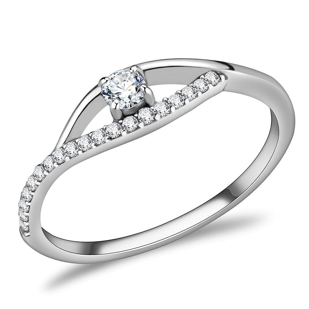 Stainless Steel CZ Round Pave Slim Bypass Solitaire Ring