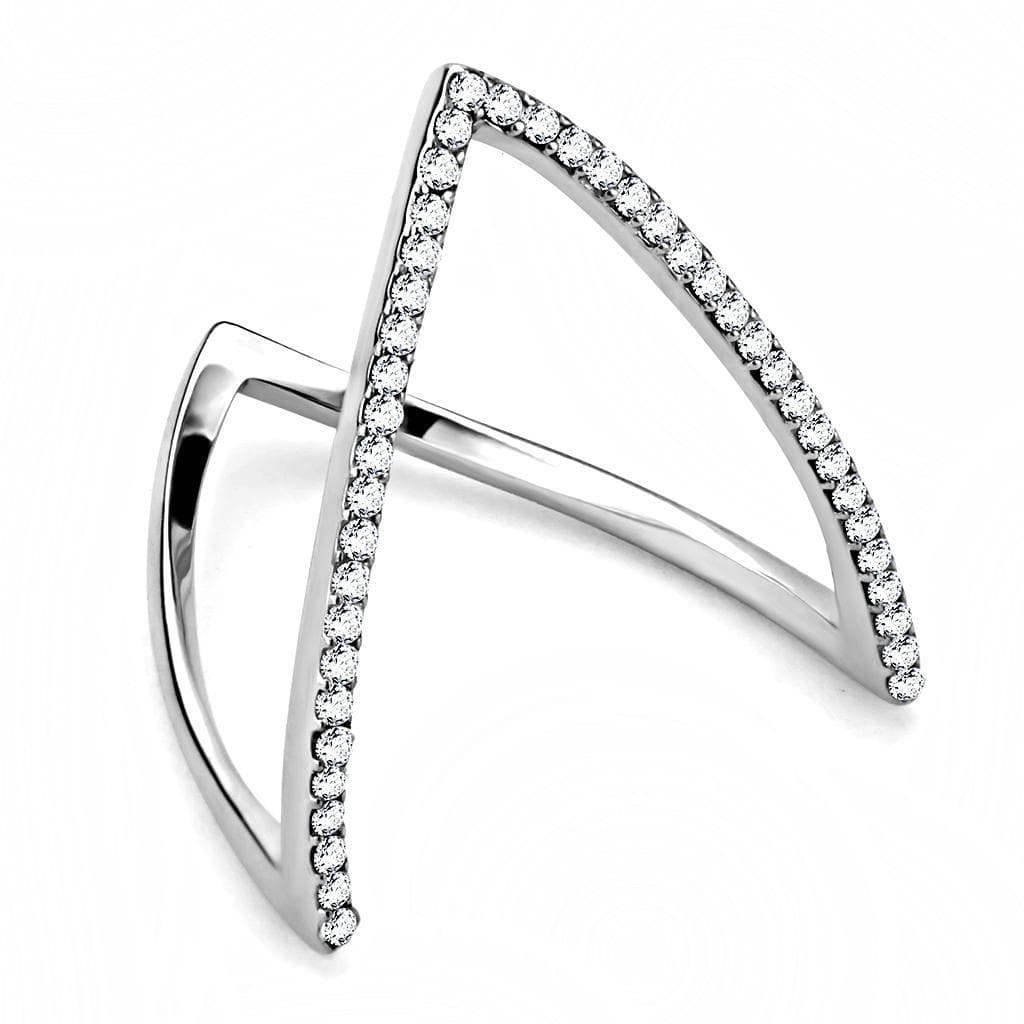 Stainless Steel CZ Pave Double V Chevron Open Ring