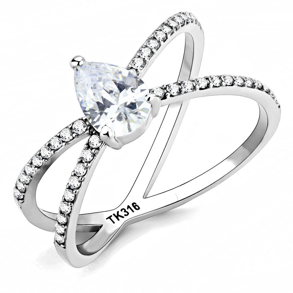 Stainless Steel CZ Pear Pave Split Shank Solitaire Ring