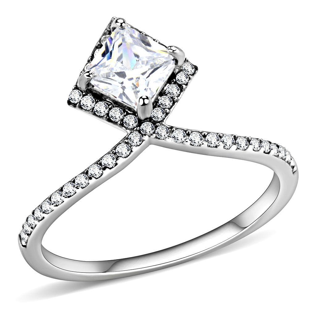 Stainless Steel CZ Princess Cut Pave Halo Split Ring