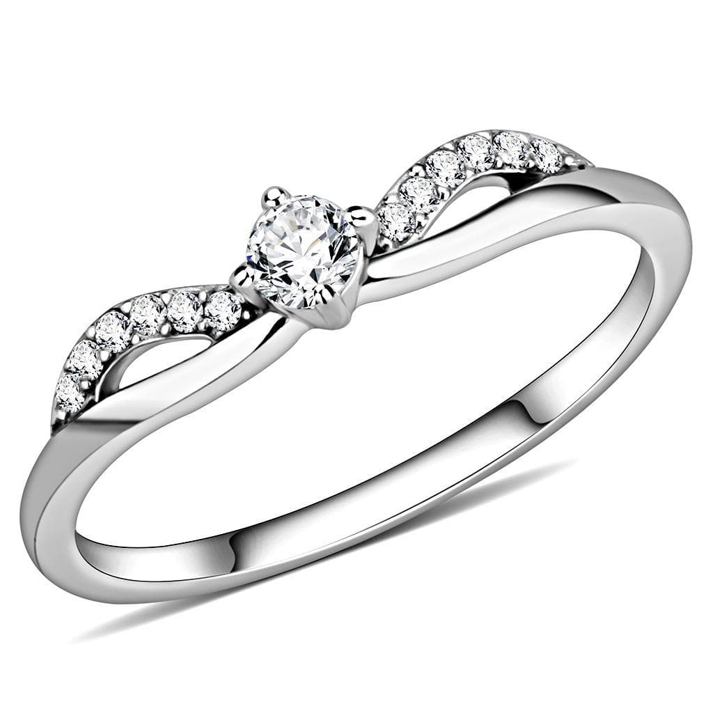 Stainless Steel CZ Round Pave Twisted Bow Solitaire Ring