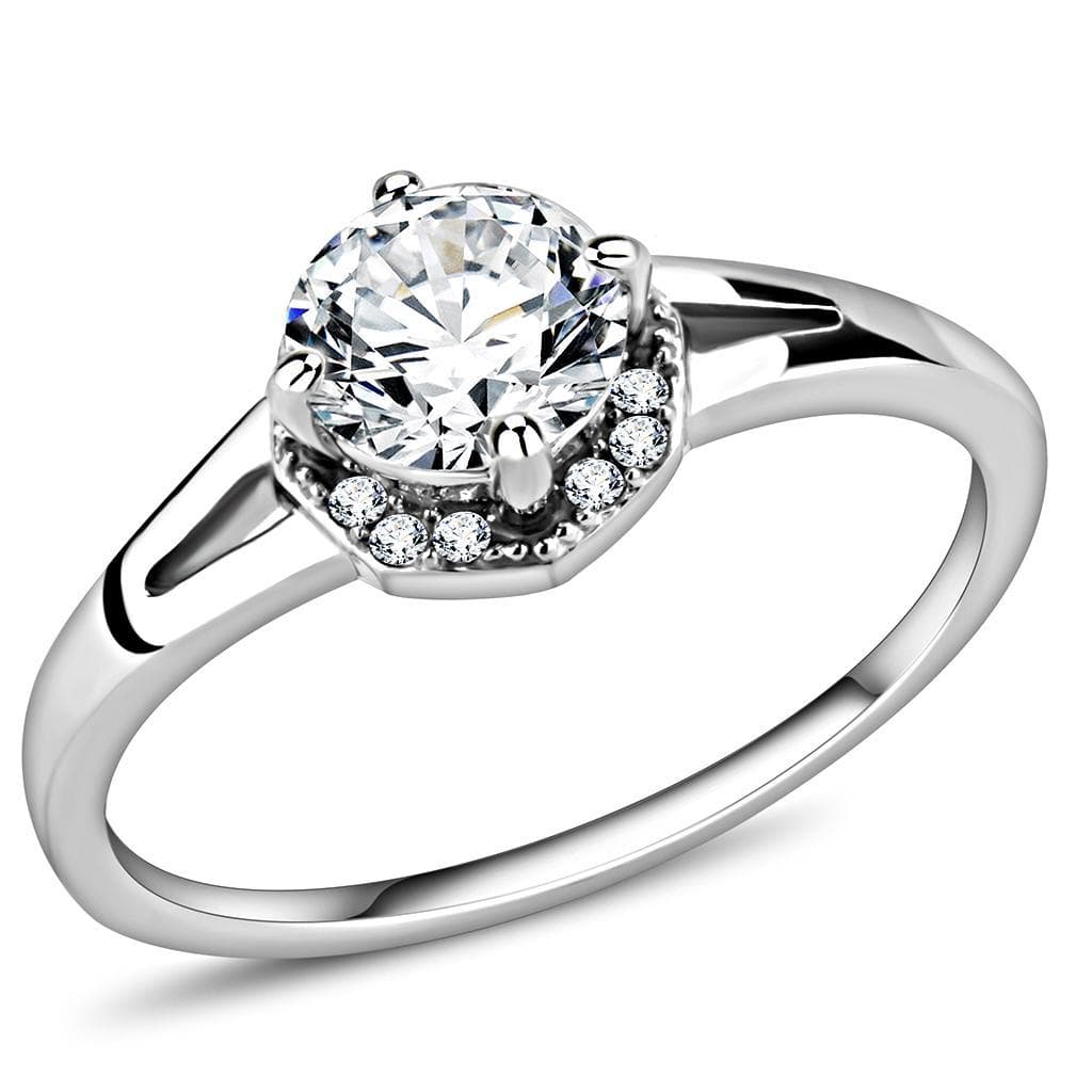Stainless Steel CZ Round Pave Halo Classic Solitaire Ring