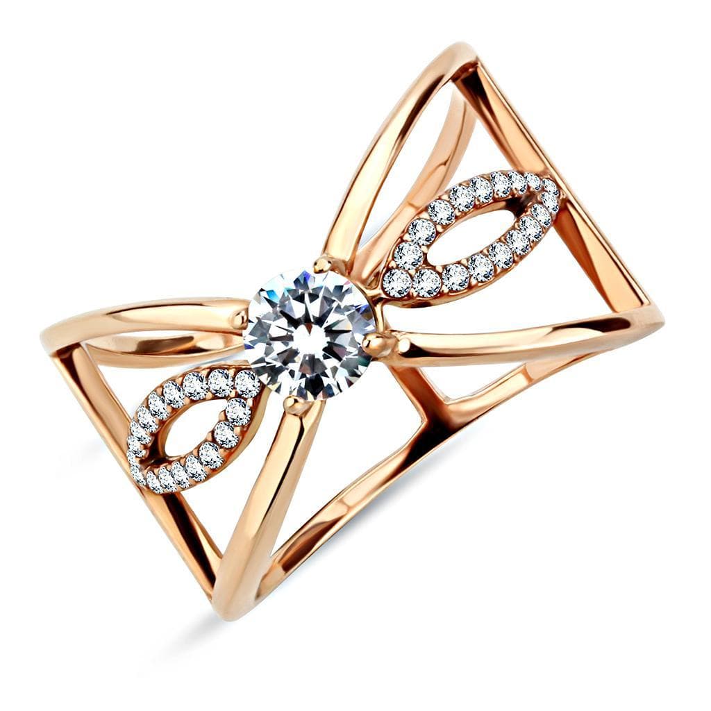 Stainless Steel Rose Gold CZ Round Pave Bow Crossover Ring