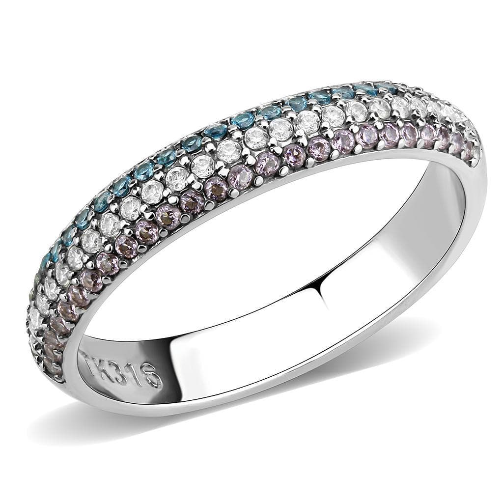 Stainless Steel Multi Color Blue CZ Pave Dome Band Ring