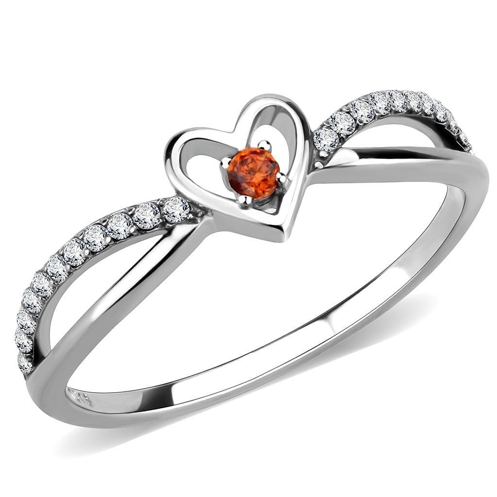 Stainless Steel Orange Garnet CZ Open Heart Pave Band Ring
