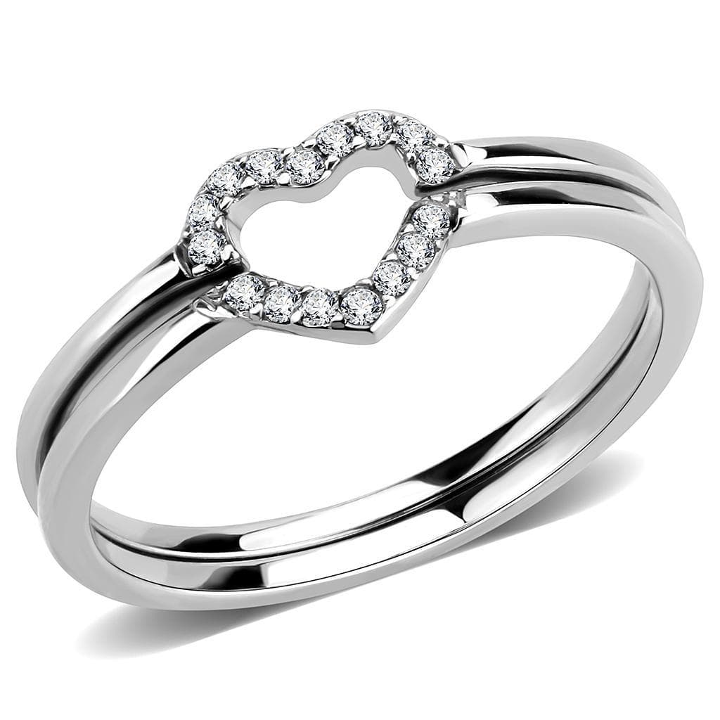 Stainless Steel CZ Pave Open Heart Double Band Ring