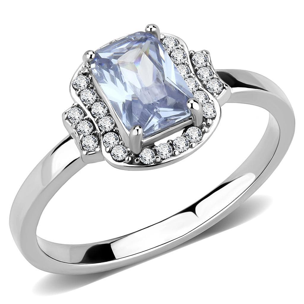 Stainless Steel Light Blue CZ Emerald Cut Pave Halo Ring